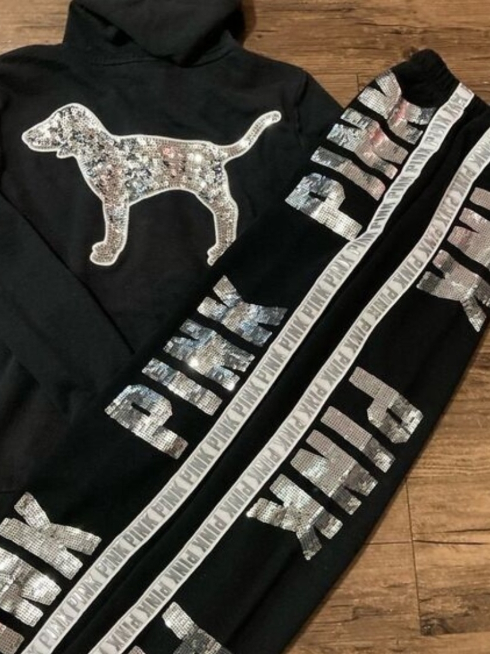 PINK Victoria's Secret Black Sequin Logo Hoodie & Joggers Set! RARE...Y2K